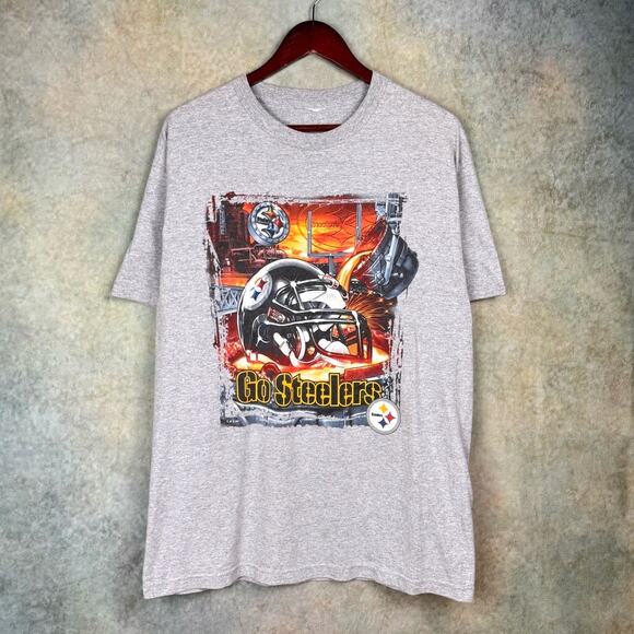 VTG 90s Pittsburgh Steelers Graphic T Shirt Sz L Gray NFL Football Helmet - Picture 1 of 7